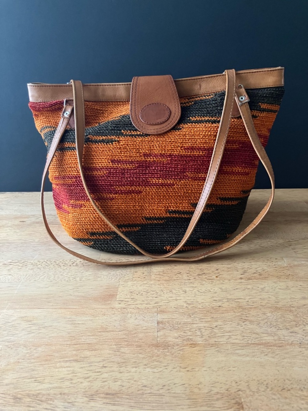 Woven Tribal-Pattern Tote Bag in Burnt Orange & Black